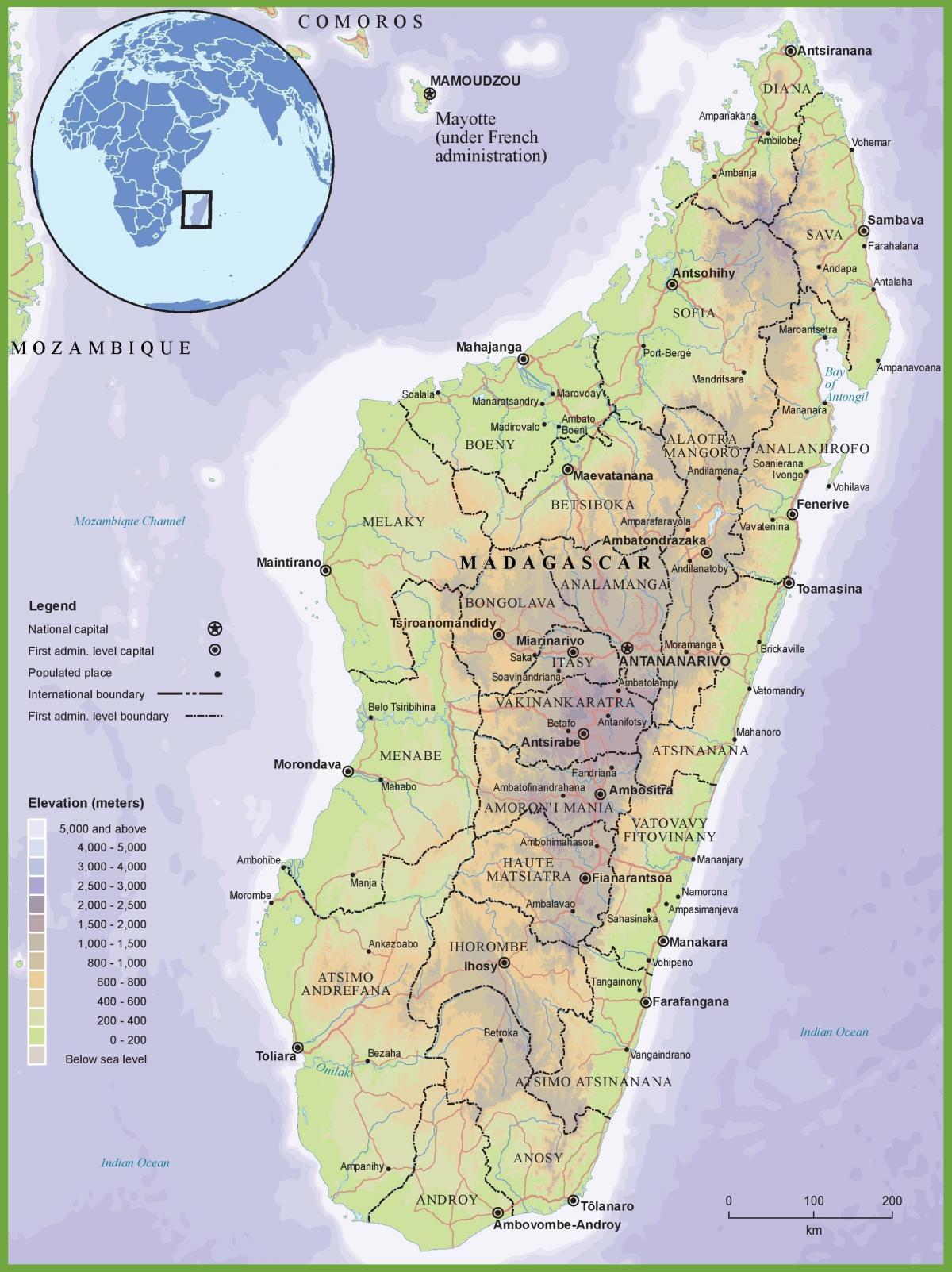 bản đồ của bản đồ vật lý của Madagascar