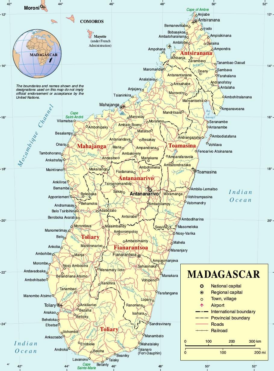 Madagascar bản đồ với thành phố